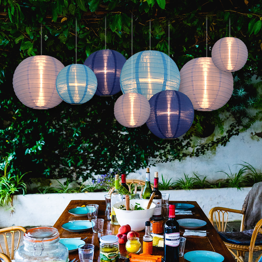 Ultimate 20-Piece Sky Blue Variety Nylon Lantern Party Pack - Assorted Sizes of 6", 8", 10", 12" (5 Round Lanterns Each) for Weddings, Events and Décor