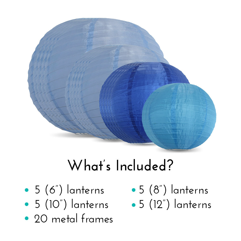 Ultimate 20-Piece Sky Blue Variety Nylon Lantern Party Pack - Assorted Sizes of 6", 8", 10", 12" (5 Round Lanterns Each) for Weddings, Events and Décor