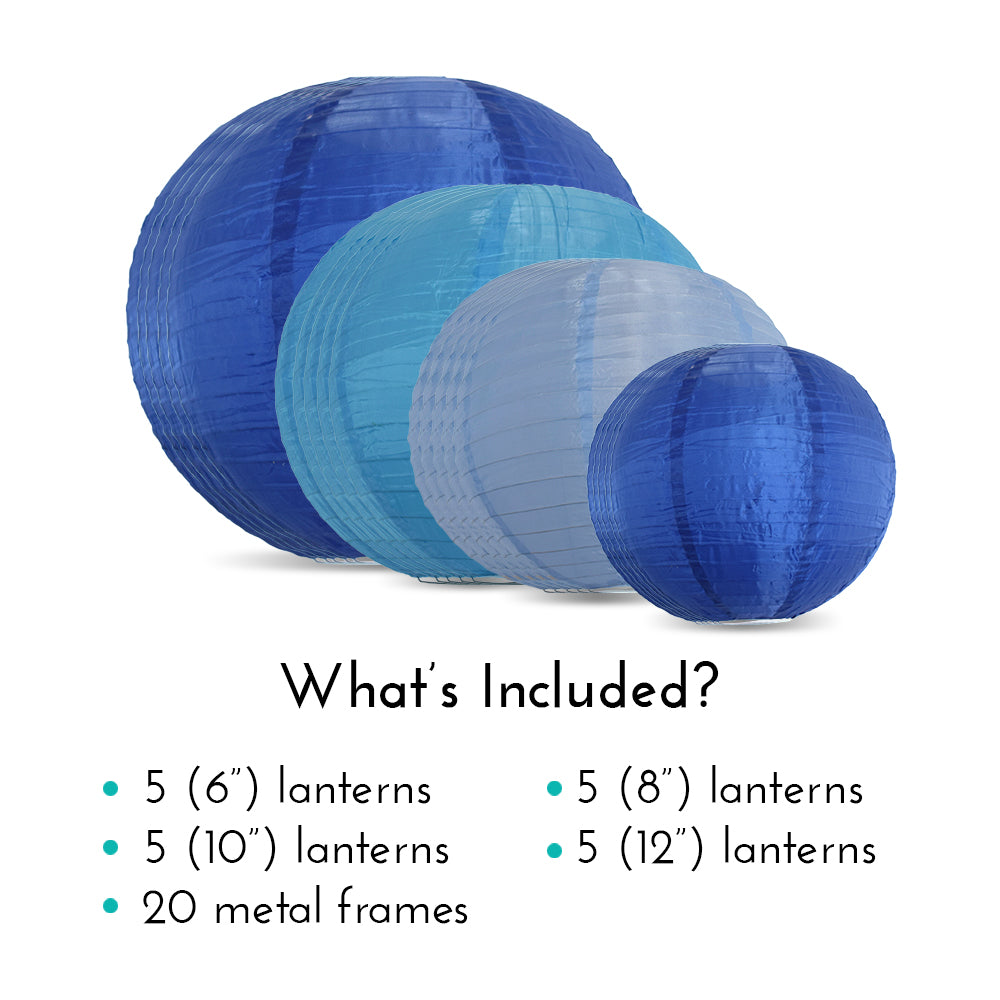 Ultimate 20-Piece Sea Blue Variety Nylon Lantern Party Pack - Assorted Sizes of 6", 8", 10", 12" (5 Round Lanterns Each) for Weddings, Events and Décor