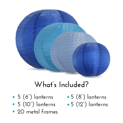 Ultimate 20-Piece Sea Blue Variety Nylon Lantern Party Pack - Assorted Sizes of 6", 8", 10", 12" (5 Round Lanterns Each) for Weddings, Events and Décor