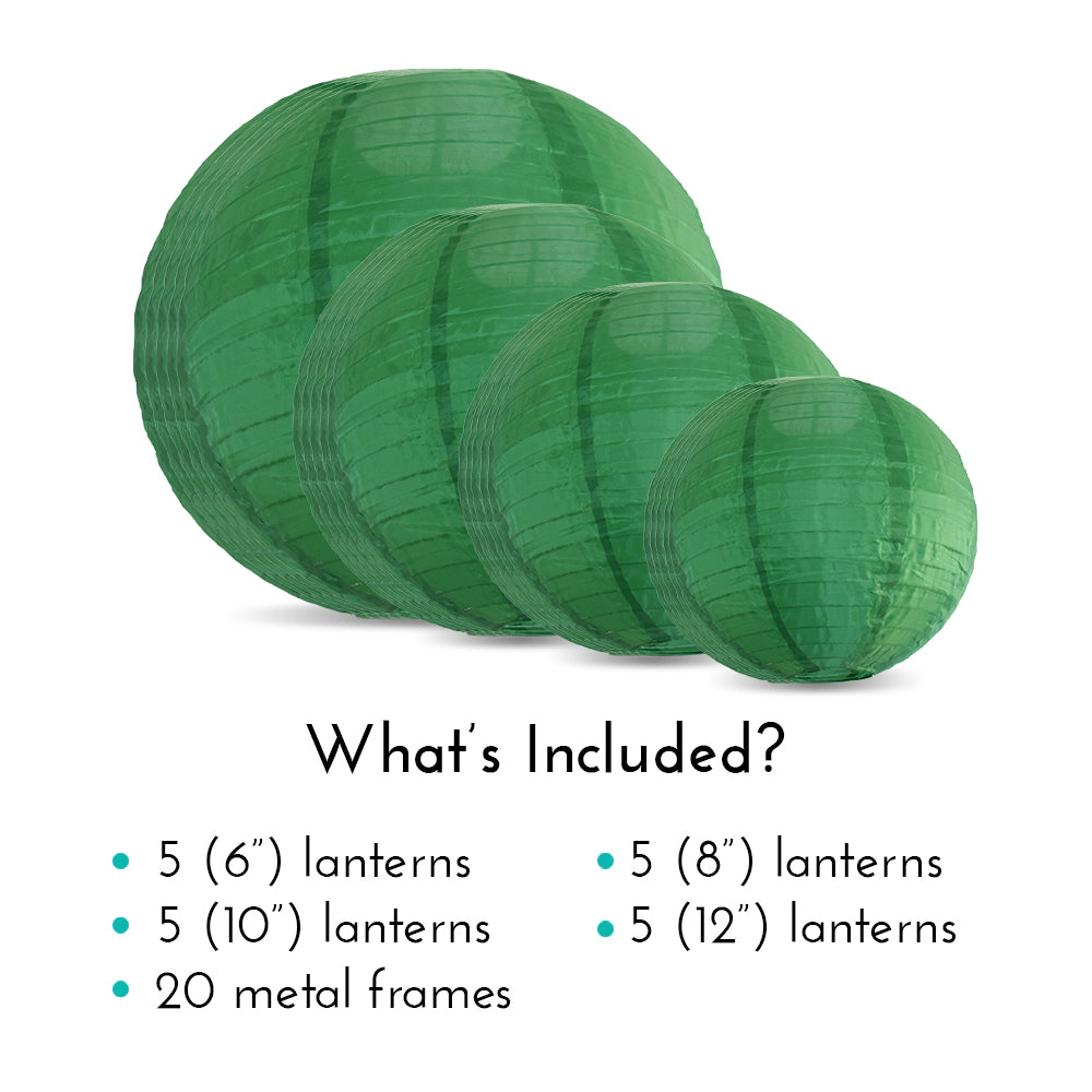Ultimate 20-Piece Emerald Green Nylon Lantern Party Pack - Assorted Sizes of 6", 8", 10", 12" (5 Round Lanterns Each) for Weddings, Events and Décor