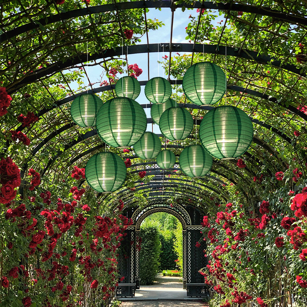 Ultimate 20-Piece Emerald Green Nylon Lantern Party Pack - Assorted Sizes of 6", 8", 10", 12" (5 Round Lanterns Each) for Weddings, Events and Décor