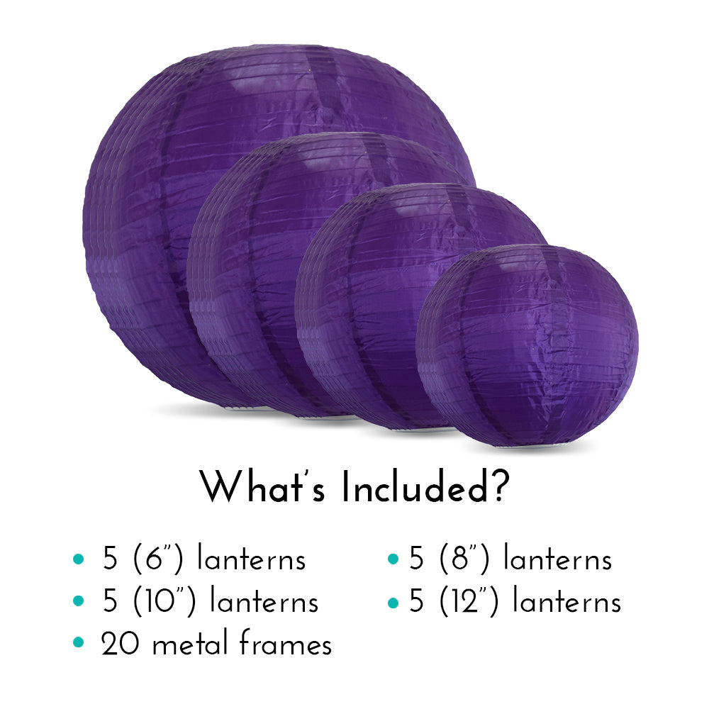 Ultimate 20-Piece Dark Purple Nylon Lantern Party Pack - Assorted Sizes of 6", 8", 10", 12" (5 Round Lanterns Each) for Weddings, Events and Décor