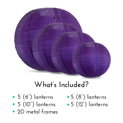 Ultimate 20-Piece Dark Purple Nylon Lantern Party Pack - Assorted Sizes of 6", 8", 10", 12" (5 Round Lanterns Each) for Weddings, Events and Décor
