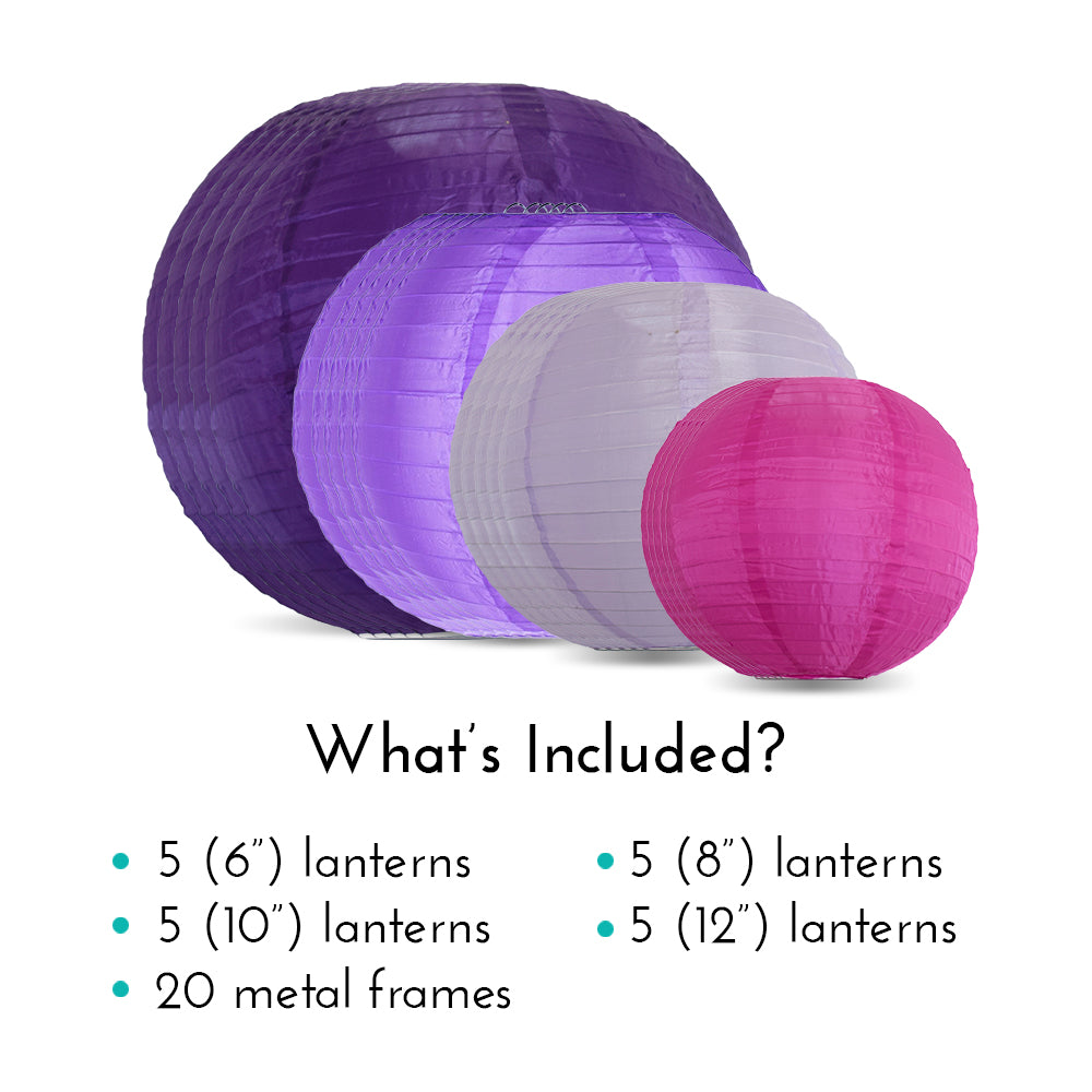 Ultimate 20-Piece Purple Variety Nylon Lantern Party Pack - Assorted Sizes of 6", 8", 10", 12" (5 Round Lanterns Each) for Weddings, Events and Décor