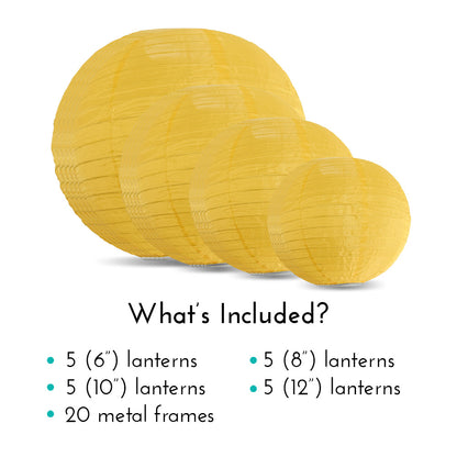 Ultimate 20-Piece Gold Yellow Nylon Lantern Party Pack - Assorted Sizes of 6", 8", 10", 12" (5 Round Lanterns Each) for Weddings, Events and Décor