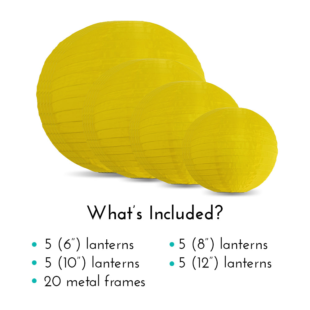Ultimate 20-Piece Yellow Nylon Lantern Party Pack - Assorted Sizes of 6", 8", 10", 12" (5 Round Lanterns Each) for Weddings, Events and Décor