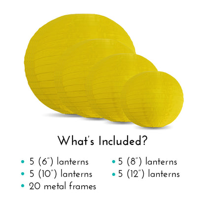 Ultimate 20-Piece Yellow Nylon Lantern Party Pack - Assorted Sizes of 6", 8", 10", 12" (5 Round Lanterns Each) for Weddings, Events and Décor