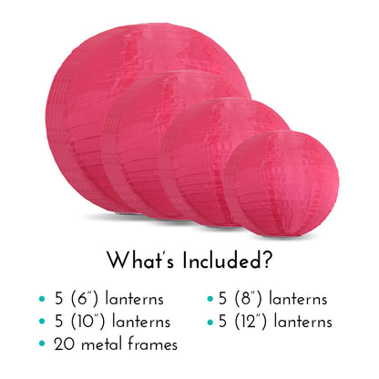 Ultimate 20-Piece Hot Pink Nylon Lantern Party Pack - Assorted Sizes of 6", 8", 10", 12" (5 Round Lanterns Each) for Weddings, Events and Décor