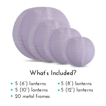 Ultimate 20-Piece Light Purple Nylon Lantern Party Pack - Assorted Sizes of 6", 8", 10", 12" (5 Round Lanterns Each) for Weddings, Events and Décor