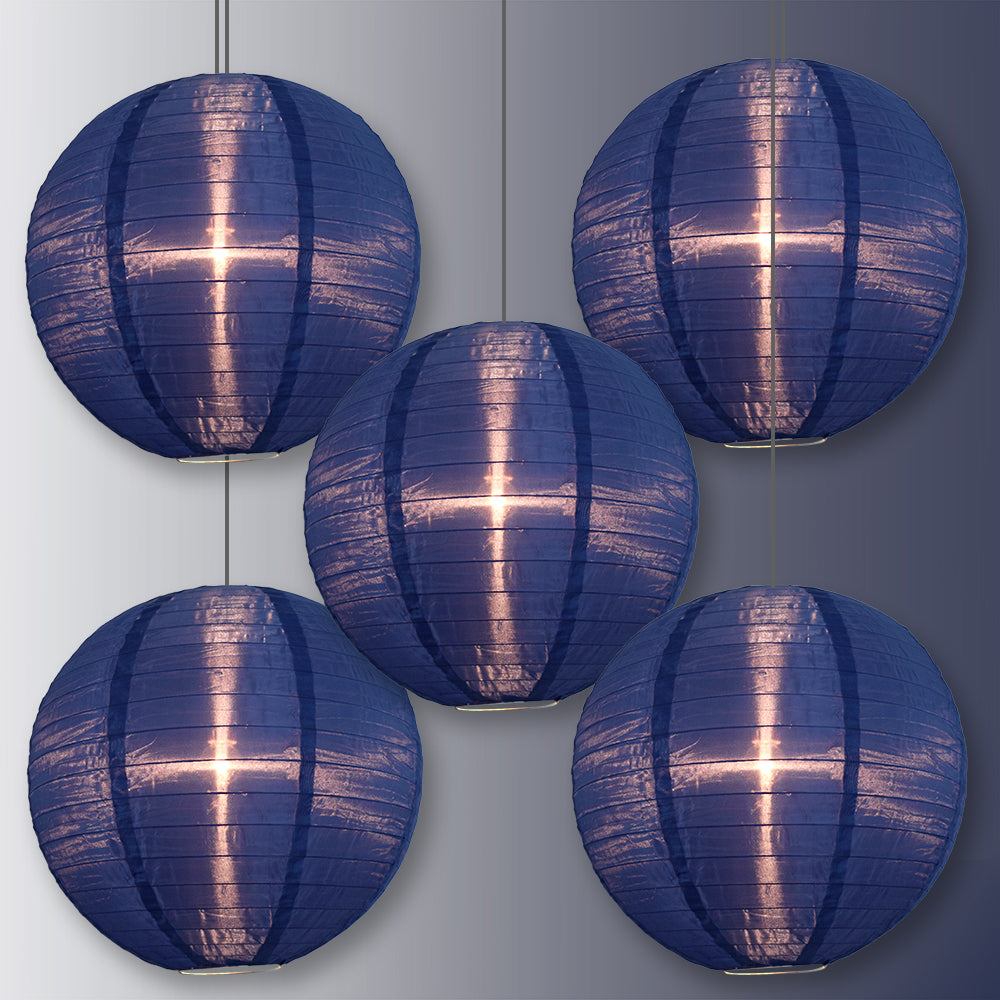 BULK PACK (5) 30" Navy Blue Jumbo Shimmering Nylon Lantern, Even Ribbing, Durable, Dry Outdoor Hanging Decoration