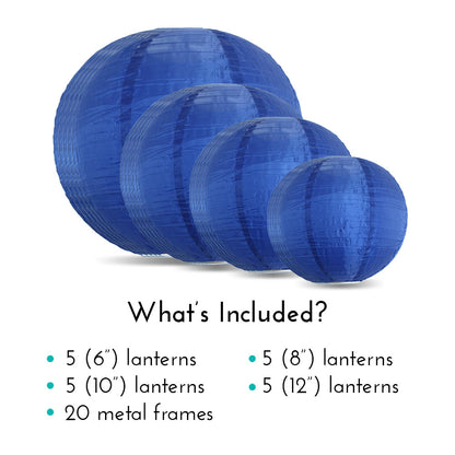 Ultimate 20-Piece Navy Blue Nylon Lantern Party Pack - Assorted Sizes of 6", 8", 10", 12" (5 Round Lanterns Each) for Weddings, Events and Décor