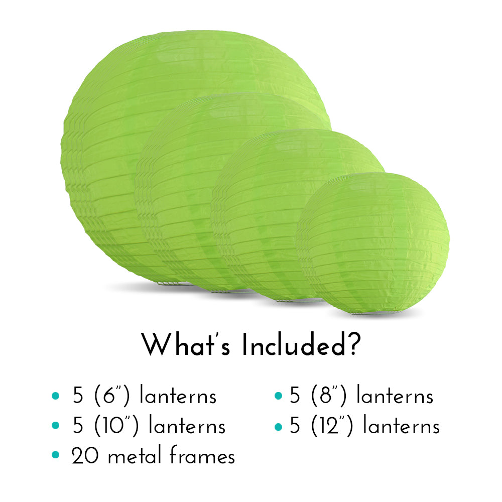 Ultimate 20-Piece Neon Green Nylon Lantern Party Pack - Assorted Sizes of 6", 8", 10", 12" (5 Round Lanterns Each) for Weddings, Events and Décor