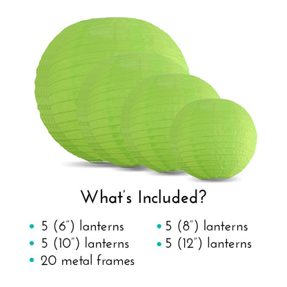 Ultimate 20-Piece Neon Green Nylon Lantern Party Pack - Assorted Sizes of 6", 8", 10", 12" (5 Round Lanterns Each) for Weddings, Events and Décor