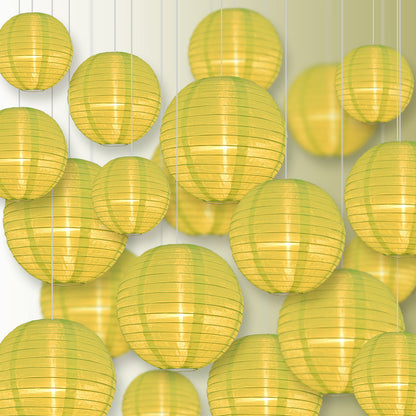 Ultimate 20-Piece Neon Green Nylon Lantern Party Pack - Assorted Sizes of 6", 8", 10", 12" (5 Round Lanterns Each) for Weddings, Events and Décor