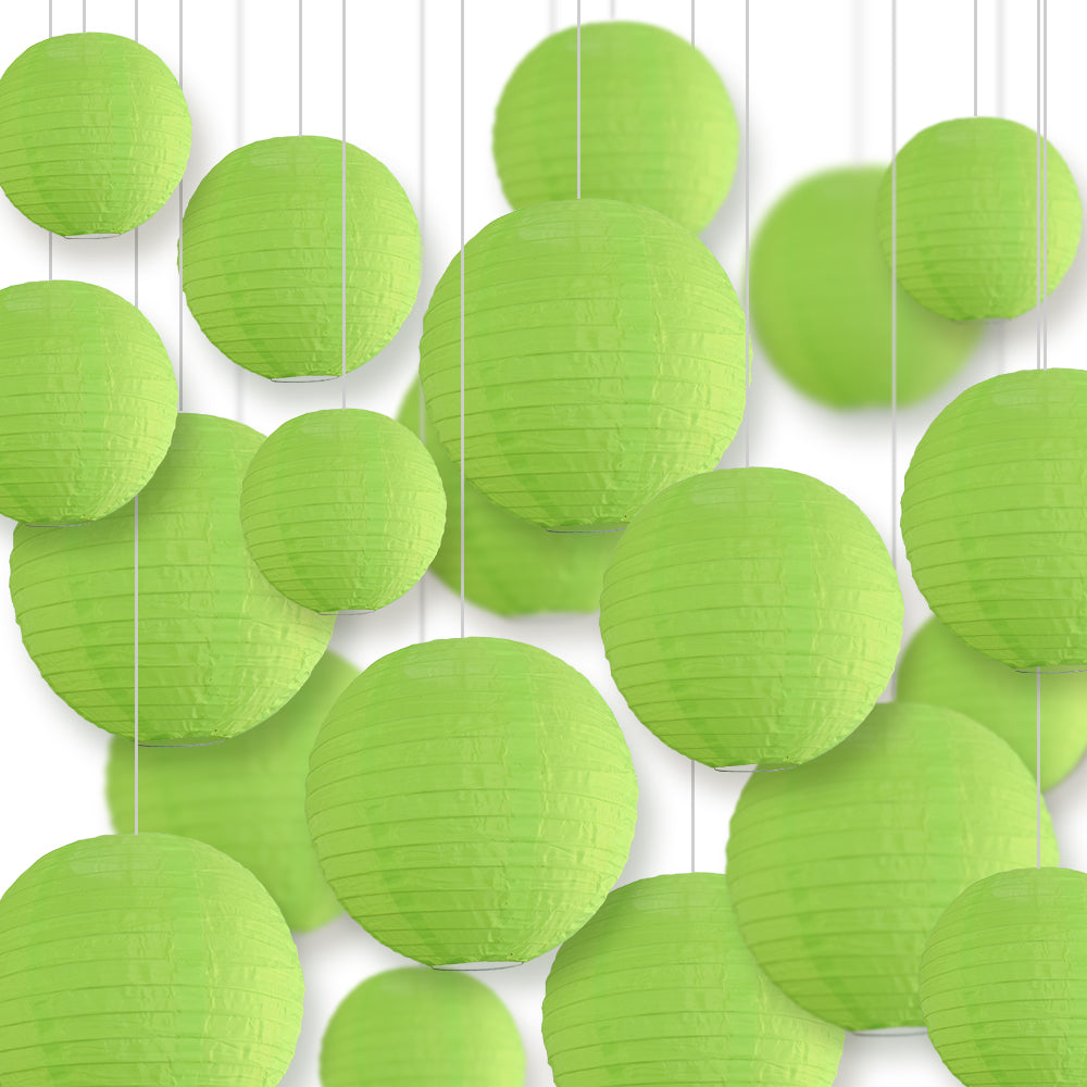 Ultimate 20-Piece Neon Green Nylon Lantern Party Pack - Assorted Sizes of 6", 8", 10", 12" (5 Round Lanterns Each) for Weddings, Events and Décor