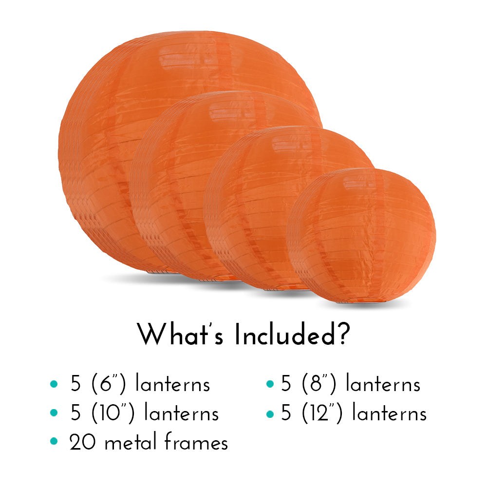 Ultimate 20-Piece Orange Nylon Lantern Party Pack - Assorted Sizes of 6", 8", 10", 12" (5 Round Lanterns Each) for Weddings, Events and Décor