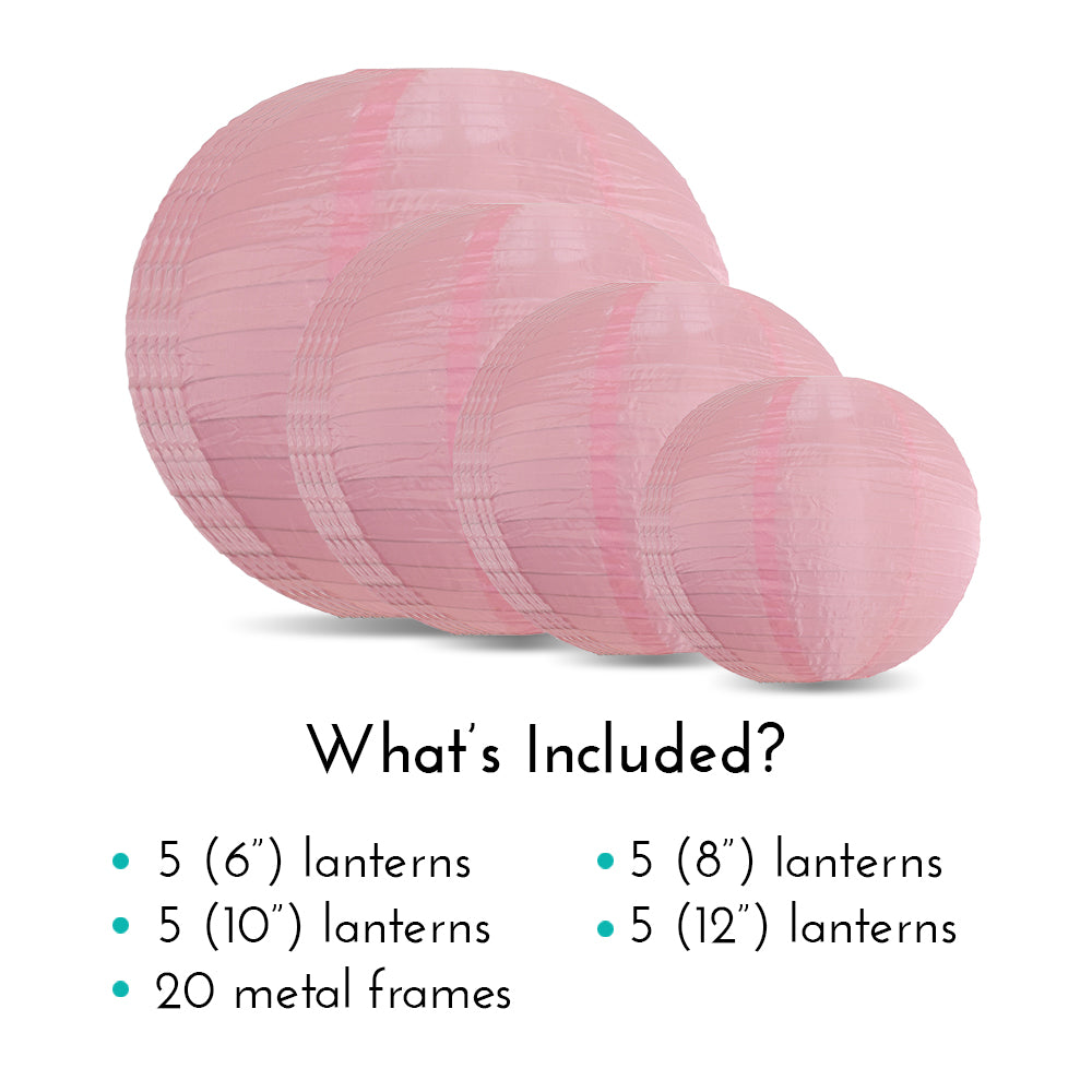 Ultimate 20-Piece Pink Nylon Lantern Party Pack - Assorted Sizes of 6", 8", 10", 12" (5 Round Lanterns Each) for Weddings, Events and Décor