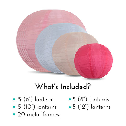 Ultimate 20-Piece Pink Variety Nylon Lantern Party Pack - Assorted Sizes of 6", 8", 10", 12" (5 Round Lanterns Each) for Weddings, Events and Décor