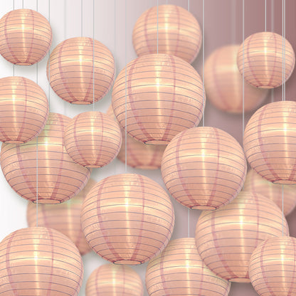 Ultimate 20-Piece Pink Nylon Lantern Party Pack - Assorted Sizes of 6", 8", 10", 12" (5 Round Lanterns Each) for Weddings, Events and Décor