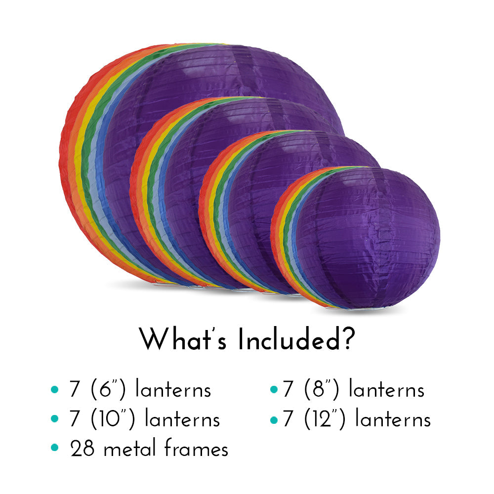 Ultimate 28-Piece Rainbow Variety Nylon Lantern Party Pack - Assorted Sizes of 6", 8", 10", 12" (7 Round Lanterns Each) for Weddings, Events and Décor