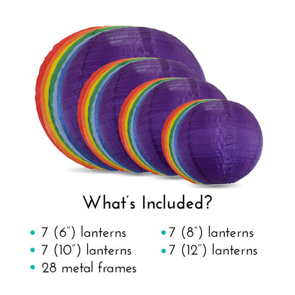 Ultimate 28-Piece Rainbow Variety Nylon Lantern Party Pack - Assorted Sizes of 6", 8", 10", 12" (7 Round Lanterns Each) for Weddings, Events and Décor