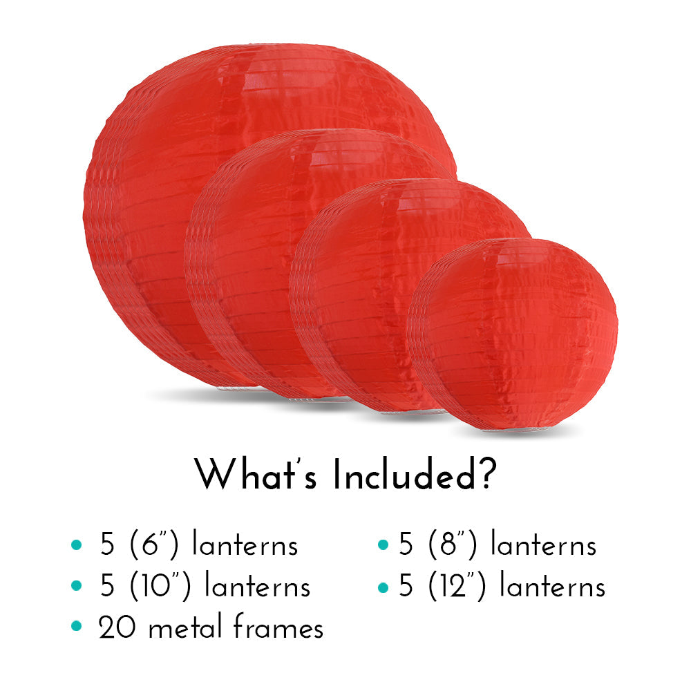 Ultimate 20-Piece Red Nylon Lantern Party Pack - Assorted Sizes of 6", 8", 10", 12" (5 Round Lanterns Each) for Weddings, Events and Décor