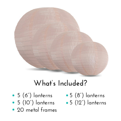 Ultimate 20-Piece Rose Quartz Pink Nylon Lantern Party Pack - Assorted Sizes of 6", 8", 10", 12" (5 Round Lanterns Each) for Weddings, Events and Décor