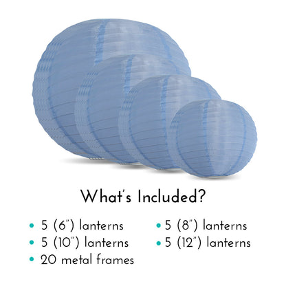Ultimate 20-Piece Serenity Blue Nylon Lantern Party Pack - Assorted Sizes of 6", 8", 10", 12" (5 Round Lanterns Each) for Weddings, Events and Décor