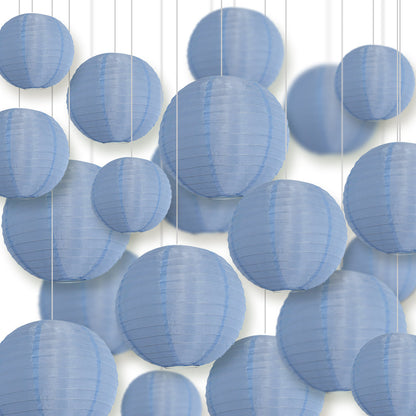 Ultimate 20-Piece Serenity Blue Nylon Lantern Party Pack - Assorted Sizes of 6", 8", 10", 12" (5 Round Lanterns Each) for Weddings, Events and Décor