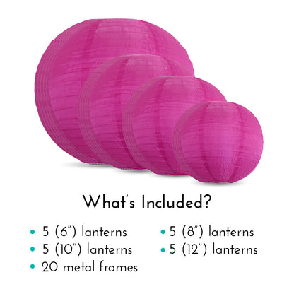 Ultimate 20-Piece Ultra Violet Nylon Lantern Party Pack - Assorted Sizes of 6", 8", 10", 12" (5 Round Lanterns Each) for Weddings, Events and Décor