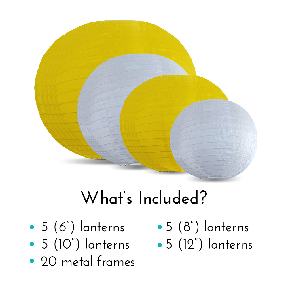 Ultimate 20-Piece Yellow Variety Nylon Lantern Party Pack - Assorted Sizes of 6", 8", 10", 12" (5 Round Lanterns Each) for Weddings, Events and Décor