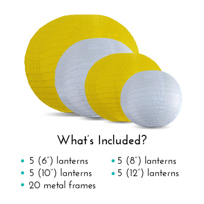 Ultimate 20-Piece Yellow Variety Nylon Lantern Party Pack - Assorted Sizes of 6", 8", 10", 12" (5 Round Lanterns Each) for Weddings, Events and Décor