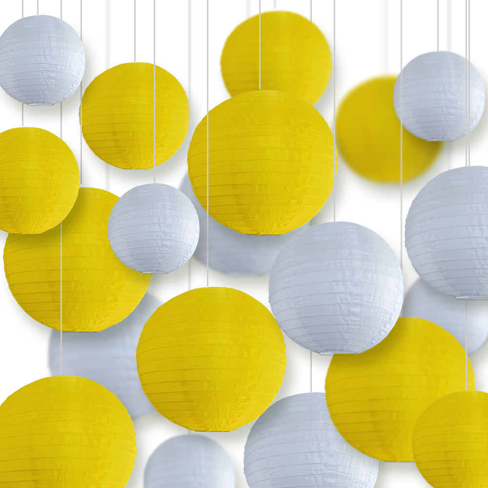 Ultimate 20-Piece Yellow Variety Nylon Lantern Party Pack - Assorted Sizes of 6", 8", 10", 12" (5 Round Lanterns Each) for Weddings, Events and Décor