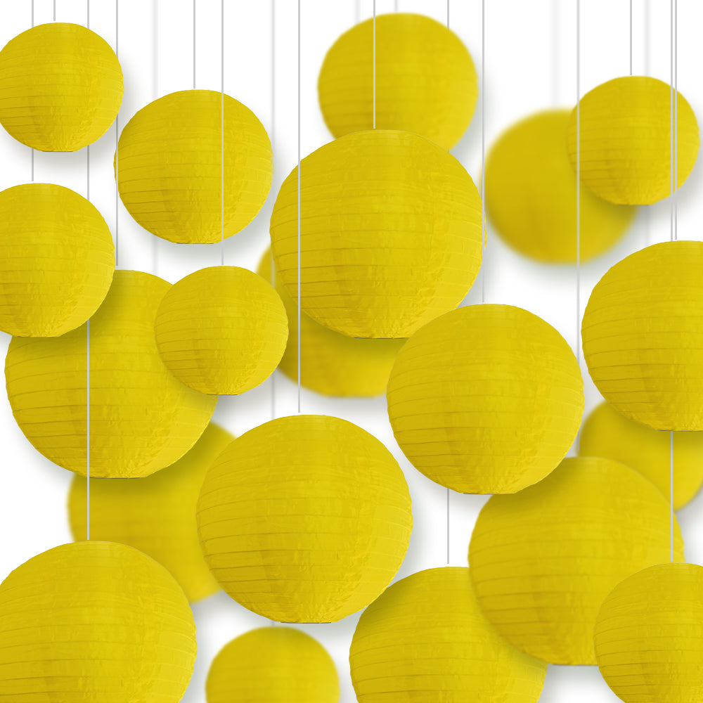 Ultimate 20-Piece Yellow Nylon Lantern Party Pack - Assorted Sizes of 6", 8", 10", 12" (5 Round Lanterns Each) for Weddings, Events and Décor