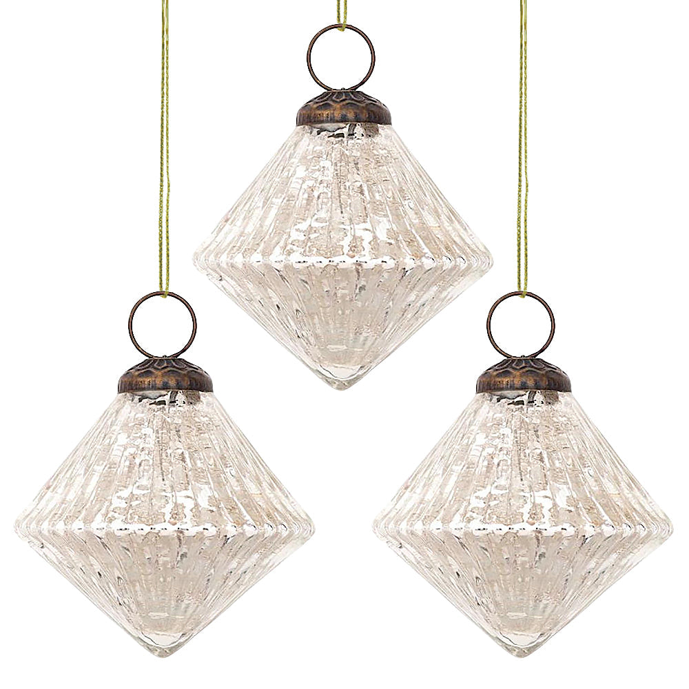3-PACK | 3" Silver Adele Mercury Glass Diamond Ornament Christmas Decoration