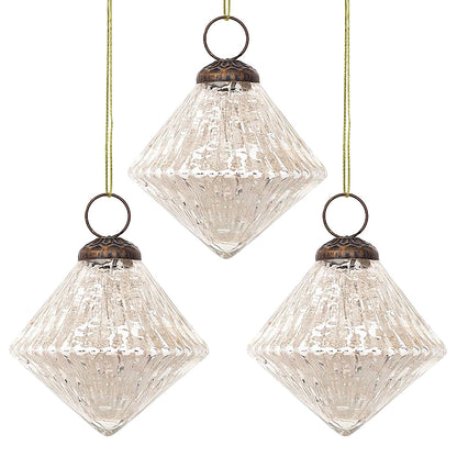 3-PACK | 3" Silver Adele Mercury Glass Diamond Ornament Christmas Decoration