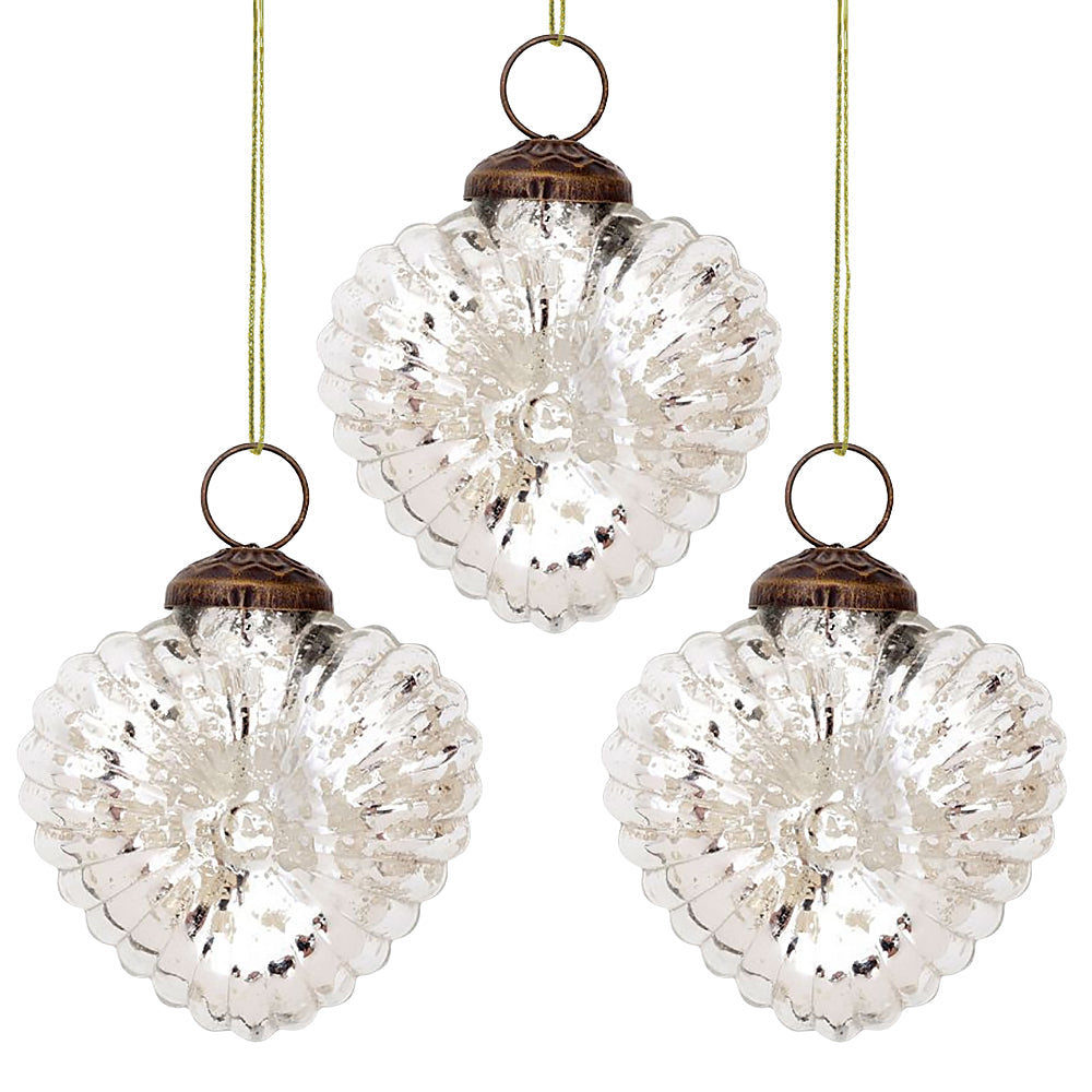 3-PACK | 3" Silver Viola Mercury Glass Heart Ornament Christmas Tree Decoration