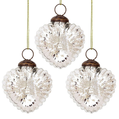 3-PACK | 3" Silver Viola Mercury Glass Heart Ornament Christmas Tree Decoration