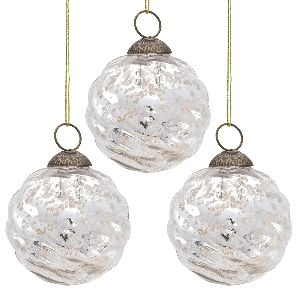3-PACK | 3" Silver Solene Mercury Glass Swirled Ball Ornament Christmas Decoration