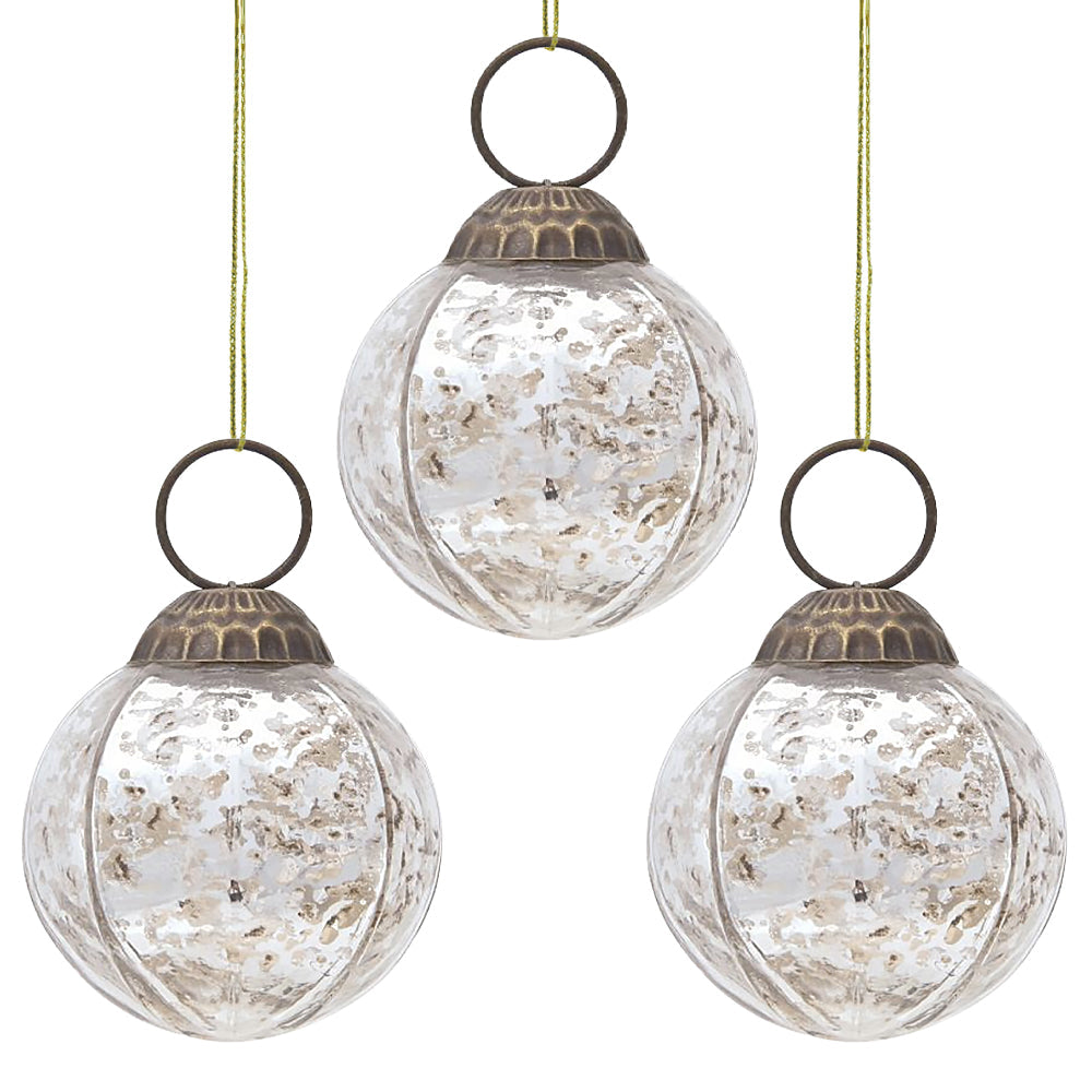3-PACK | 3" Silver Penina Mercury Glass Round Faceted Ornament Christmas Decoration