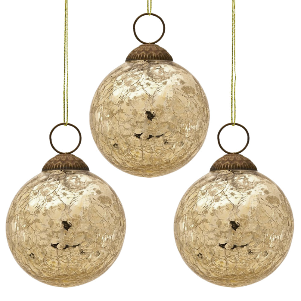 3-PACK | 3" Gold Lana Mercury Crackle Ball Glass Ornament Christmas Tree Decoration