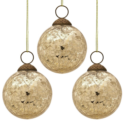 3-PACK | 3" Gold Lana Mercury Crackle Ball Glass Ornament Christmas Tree Decoration
