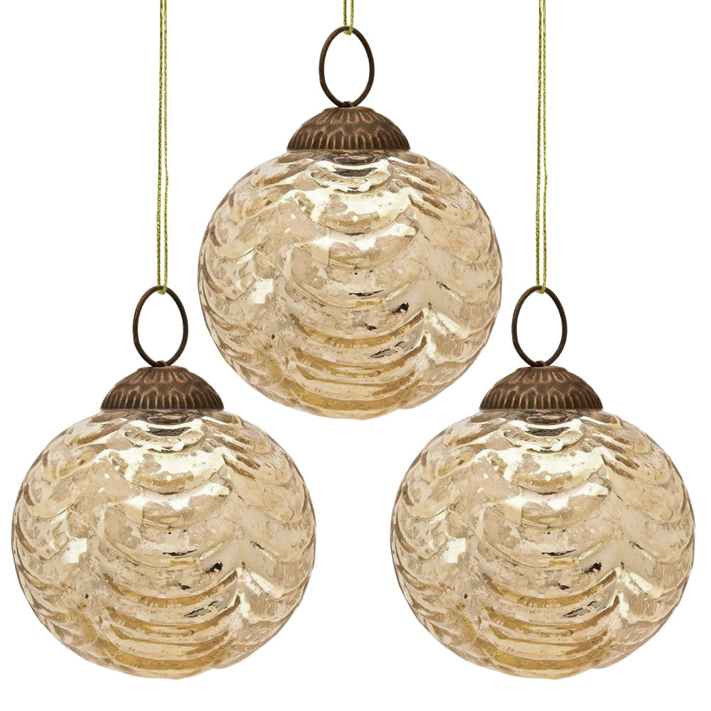 3-PACK | 2.5" Gold Nola Mercury Glass Waved Ball Ornament Christmas Decoration