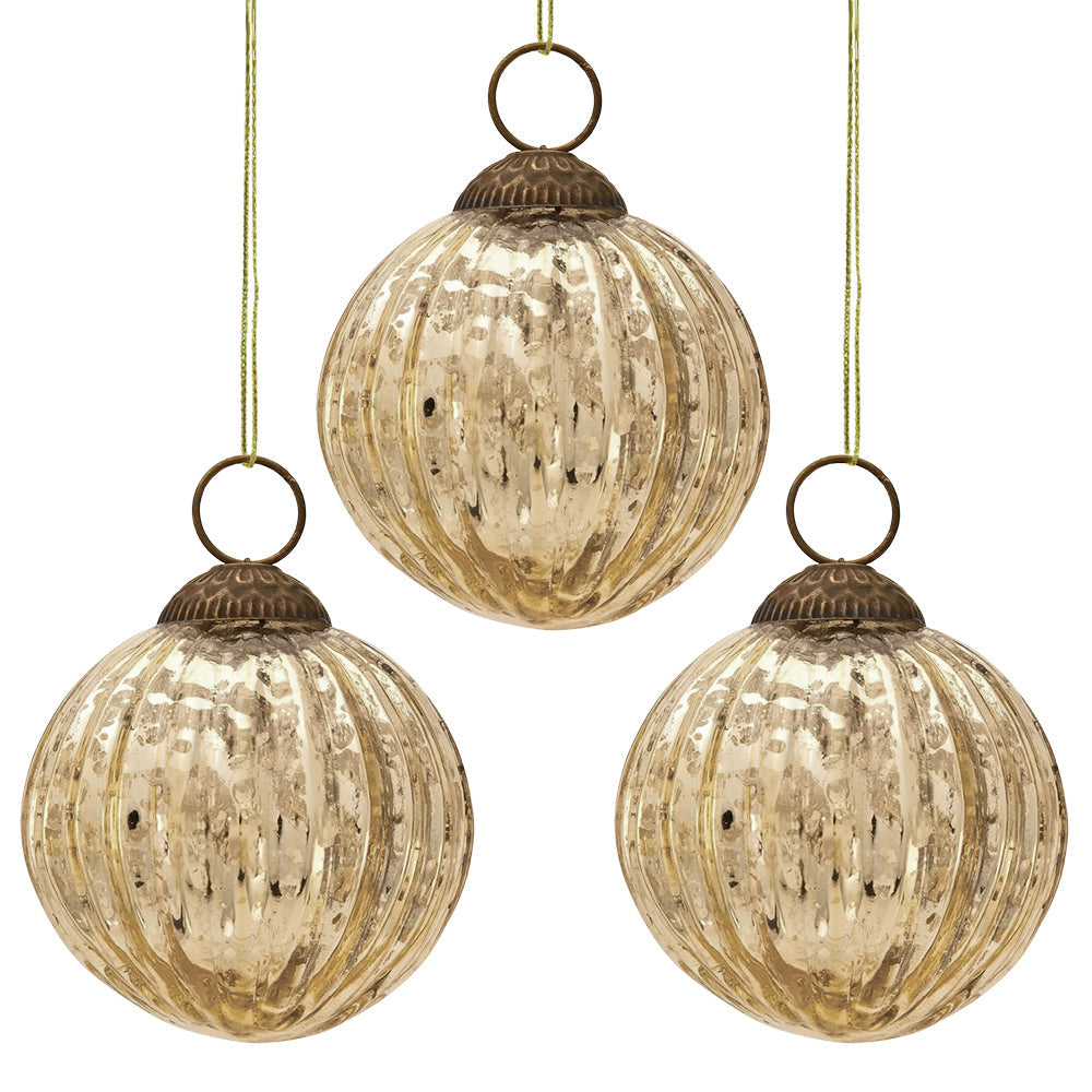 3-PACK | 3" Gold Mona Mercury Glass Lined Ball Ornament Christmas Decoration