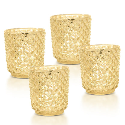 4-PACK | Vintage Mercury Glass Candle Holder (3-Inch, Small Rachel Design, Gold) - For use with Tea Light - Decorative Candle Holder for Home Decor and Wedding Centerpieces