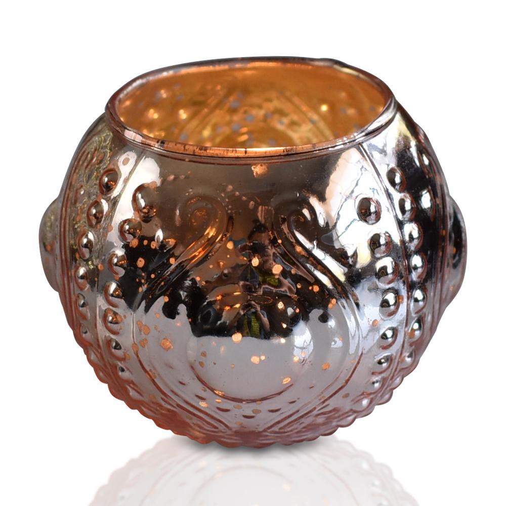 Shabby Chic Rose Gold Mercury Glass Tea Light Votive Candle Holders (Set of 5, Assorted Designs and Sizes)