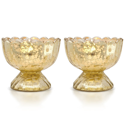 2-PACK | Vintage Mercury Glass Candle Holder (3-Inch, Suzanne Design, Sundae Cup Motif, Gold) - For Use with Tea Lights - Home Decor and Wedding Decorations