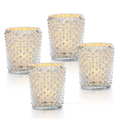 4-PACK | Vintage Mercury Glass Candle Holder (3-Inch, Zariah Design, Silver) - For Use with Tea Lights - For Home Decor, Parties, and Wedding Decorations