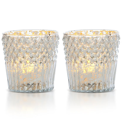 2-PACK | Vintage Mercury Glass Candle Holder (3-Inch, Ophelia Design, Silver) - For Use with Tea Lights - For Home Decor, Parties and Wedding Decorations